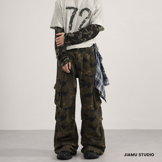 Jiamu American High Street Camouflage Casual Cargo Pants for Men and Women with Three-Dimensional Cut and Multi-Pocket Design, Unisex Straight Fit