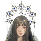 Black pointed outward + blue beads + black chain