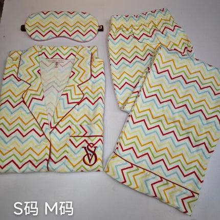 2025 Big-Name Catwalk Export Brushed Cotton Long-Sleeved Women's Pajamas Printed Casual French Outer Wear Home Clothes with Eye Mask