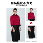 Red black collar top with long sleeves + black tal19501 long apron / M