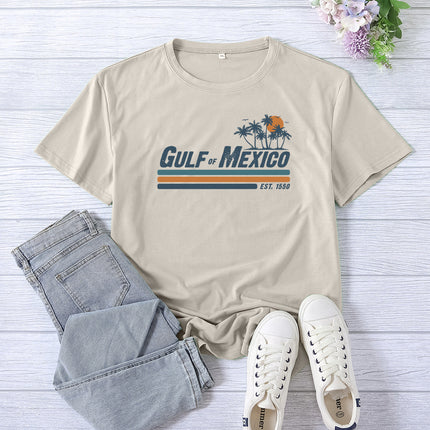 Amazon Supply Guif of Mexico Printed Short-Sleeved Women's Casual Summer Casual Loose Round Neck
