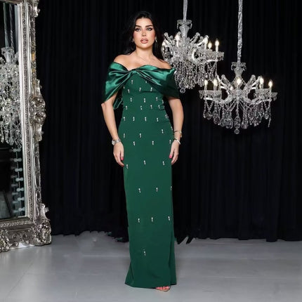 European and American Cross-border New Fashion Elegant Open-shoulder Light Luxury Nail Drill Elegant Elegant Bandage dress Evening Dress