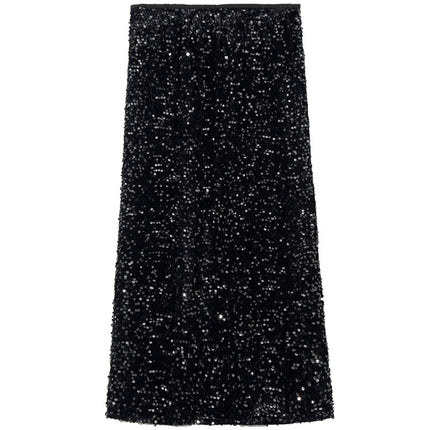 B1677 2025 Autumn New Fashion Sequin Stretch Bodycon Skirt, Figure-Flattering Back Slit Pencil Skirt