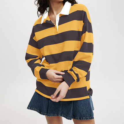 2025 European and American Cross-Border Long-Sleeved Stripesd T-Shirt Autum New Casual Versatile Loose Lapel Top