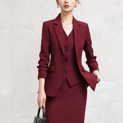 Cross-Border Red Hostess Suit Set for Women, Formal Attire for Broadcast Art Exams, Speech Competitions, Interviews, and News Anchor On-Camera Appearance