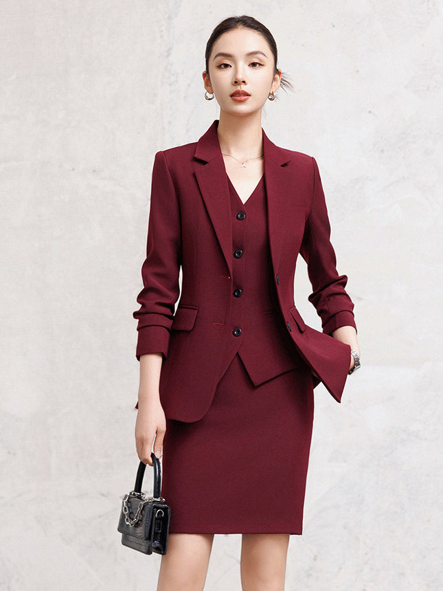 Cross-Border Red Hostess Suit Set for Women, Formal Attire for Broadcast Art Exams, Speech Competitions, Interviews, and News Anchor On-Camera Appearance