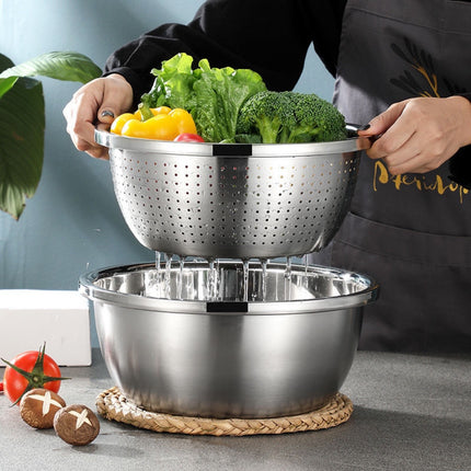 304 Stainless Steel Basin Drain Basket Vegetable Basket Household Rice Washing Sieve Thickeneded Cooking Basin and Basin Vegetable Basin Wholesale