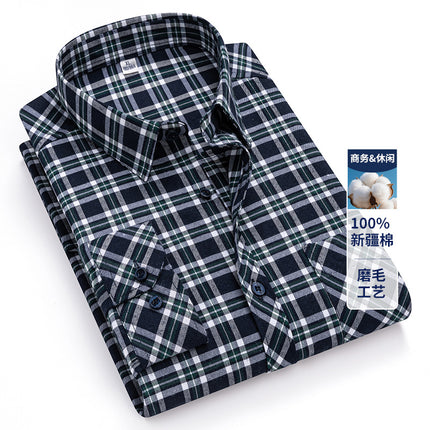 2025 Autumn New Men's Casual Fashion Brushed Plaid Long Sleeve Ready Stock No-Iron Casual Middle-Aged Tops Men's Clothing