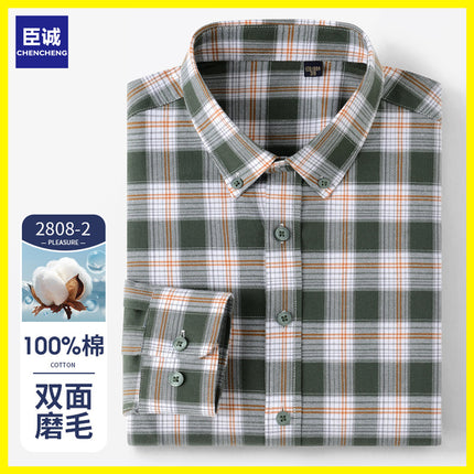 Men's Pure Cotton Brushed Plaid Shirt, Long-Sleeved, Thickened, Casual, Middle-Aged Dad's Shirt, Factory Wholesale