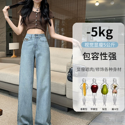 Light Blue Wide-Leg Jeans for Women Summer Thin 2025 New Embroidered High-Waisted Small Narrow Straight Pants