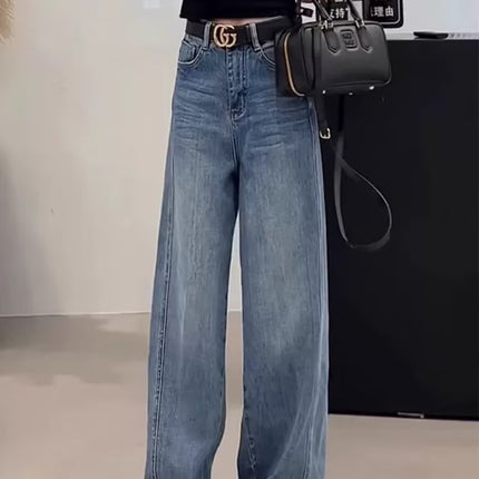 Women's 2025 Autumn New High-Waisted Loose Wide-Leg Jeans, Hip-Covering, Slimming, Versatile Straight-Leg Floor-Length Pants