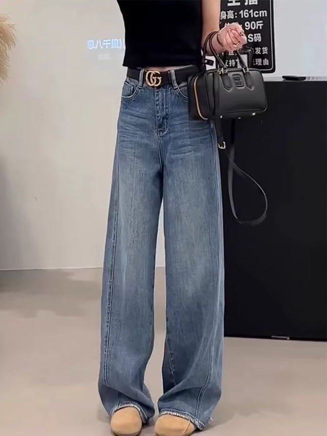 Women's 2025 Autumn New High-Waisted Loose Wide-Leg Jeans, Hip-Covering, Slimming, Versatile Straight-Leg Floor-Length Pants
