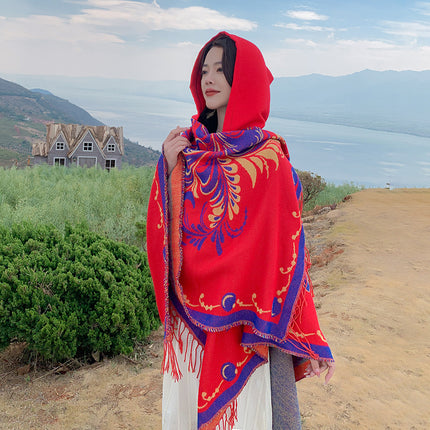 Lijiang Yunnan Tourism Red Large Shawl Ethnic Style New Style Outer Hanging Hat Cloak Coat Scarf Women