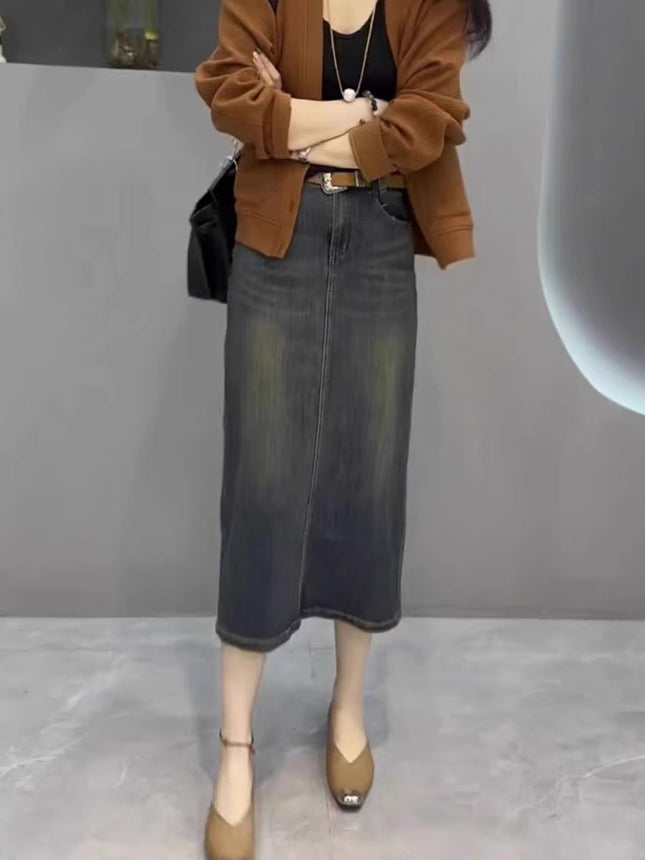 Pear-Shaped Figure Niche Slit Hip-Covering Skirt 2025 Early Summer New Large Size Hepburn Style Denim Skirt