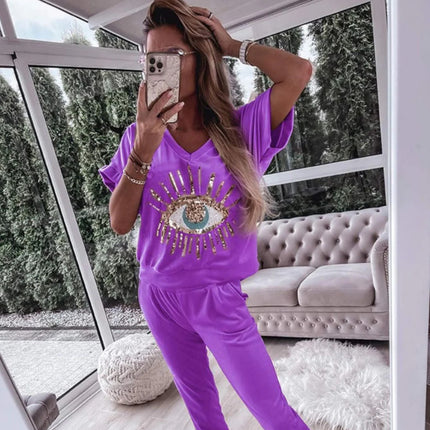 2024 European and American Cross-Border Foreign Trade Women's Summer Evil Eye Sequin Pattern Short-Sleeve Long Pants Set European and American Style