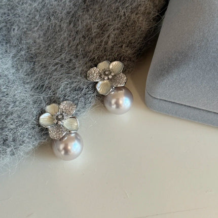 Light Luxury Elegant Flower Pearl Earrings Women's Niche Design High-End Zircon Earrings French Earrings Korean Style