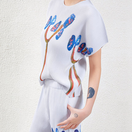 Fashion Pleated Suit for Women, Summer New Style, Age-Reducing Round Neck Top, Nine-Point Pants, High-End Casual Two-Piece Set