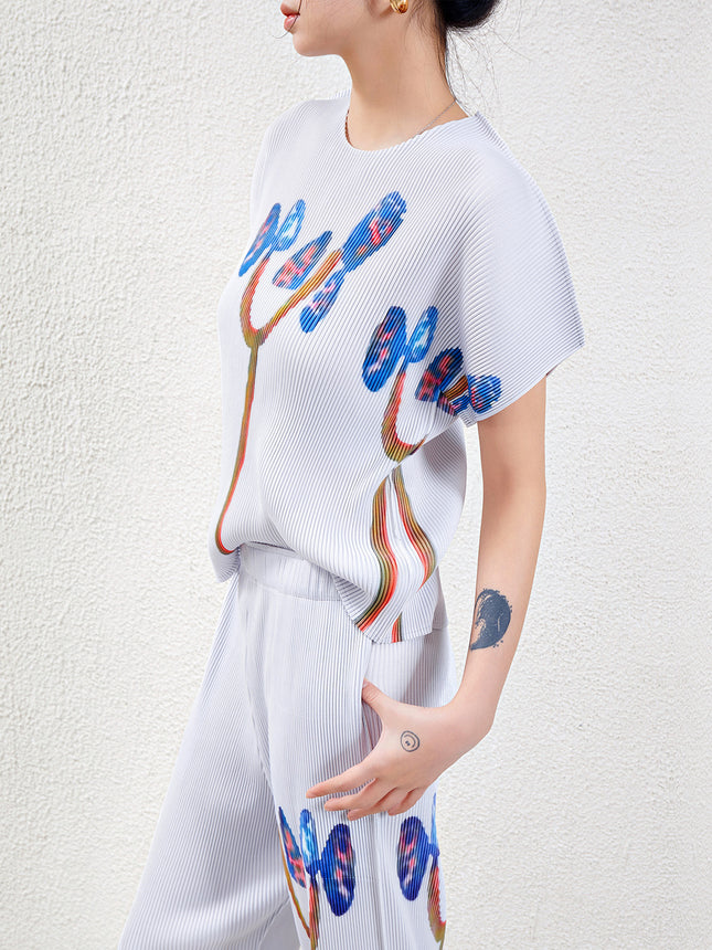Fashion Pleated Suit for Women, Summer New Style, Age-Reducing Round Neck Top, Nine-Point Pants, High-End Casual Two-Piece Set