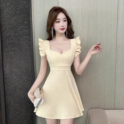 Real shot 8906 sexy A- word dress low-cut flying sleeve fashion temperament waist big swing foot bath technician work clothes