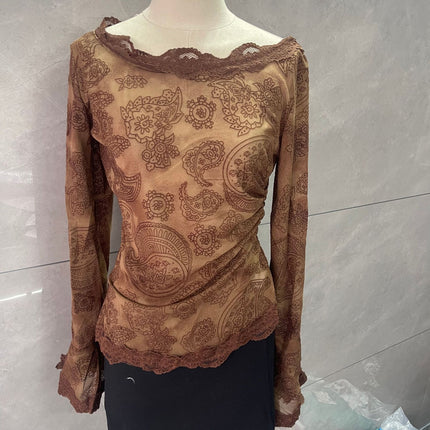 Niche Design Lace Lace Shirt for Women Autum New French Style One-Shoulder Thin Printed Mesh Top