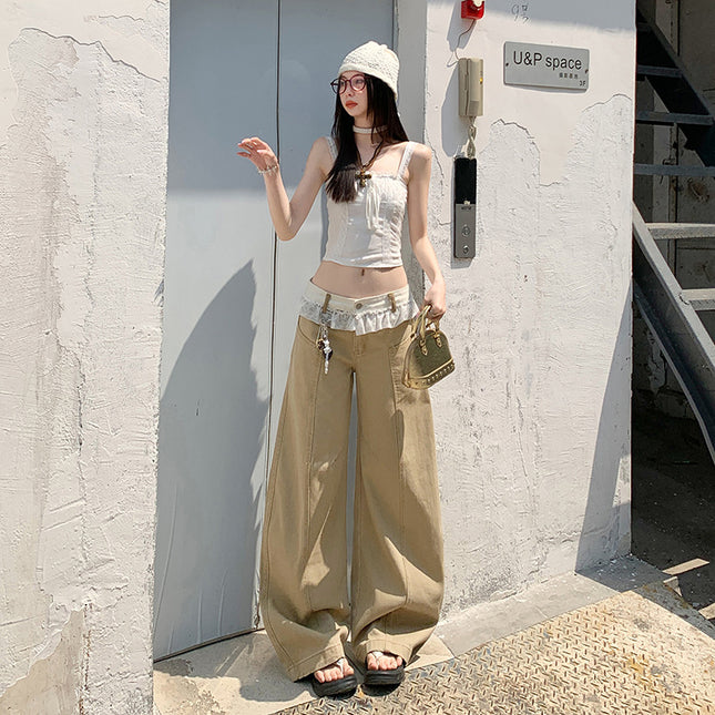 American Style Lace Wide Leg Jeans Women's 2025 Summer New Style Straight Loose High Waist Slimming Scimitar Pants
