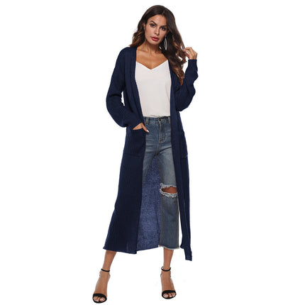 Mohair cardigan cross-border European and American wool cardigan autumn women's coat split large pocket thin coat long multicolor
