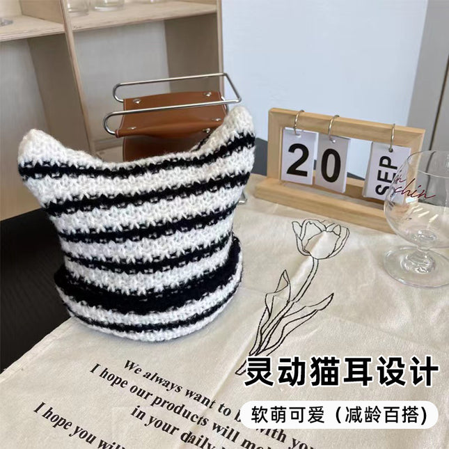 New Cross-border Foreign Trade Striped Deviruchi Knitted Hat Autumn and Winter Ear Protection Warm Face Hair Ball Small Wool Hat