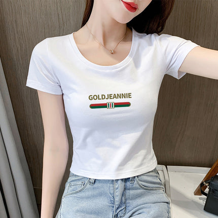 White T-Shirt Women's Short-Sleeved Round Neck Exposed Navel High-Waisted Short Summer Tight-Fitting Crop Top 2025 New T-Shirt
