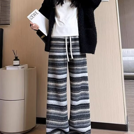 American Stripesd Wide-Leg Pants for Women in Autumn and Winter, Retro Ethnic Style Straight-Leg Glutinous Rice Pants for Girls, High-Waisted Casual Lazy Pants