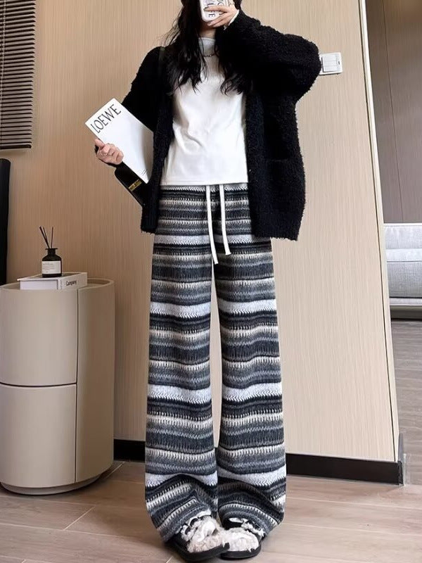 American Stripesd Wide-Leg Pants for Women in Autumn and Winter, Retro Ethnic Style Straight-Leg Glutinous Rice Pants for Girls, High-Waisted Casual Lazy Pants