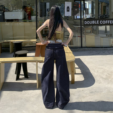 Ear-rimmed double waist jeans for women 2025 new high waist slimming all-match machete design wide leg mop pants