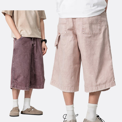 Black Fleet Casual Workwear Cropped Pants for Men and Women, Washed Vintage Pants, American Retro Loose Fit, Distressed Spray-Dyed