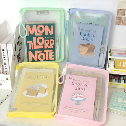 Macaron Transparent A4 File Bag with Large Capacity for Textbooks, Zippered Student Portable Thickened Waterproof Storage Bag