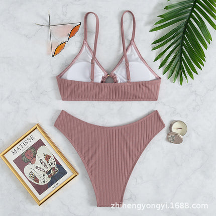 New foreign trade bikini swimsuit Europe and America sexy bikini solid color V pants Amazon cross-border swimwear wholesale