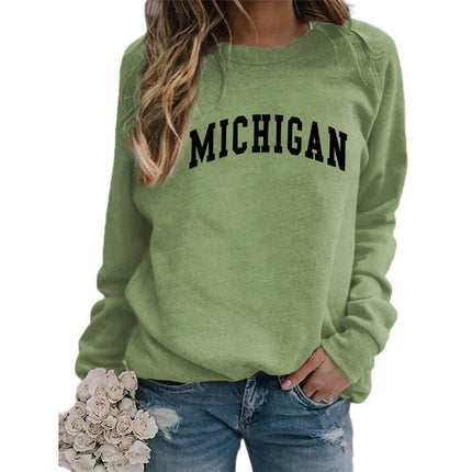 Cross-border supply of European and American foreign trade MICHIGAN printed crew neck sweater top women's coat autumn and winter European size