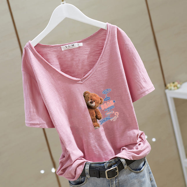 V-neck T-shirt Women's Cotton 2025 White Cartoon Short-sleeved regular Loose Printed Commuting Solid Color Base Shirt Trendy
