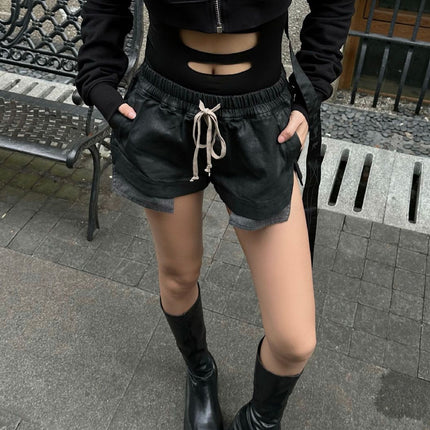 Subhuman | Dark Style Mainline Black Shorts with Elastic Waistband and Drawstring, Slimming Wax Finish, Versatile and Slimming.