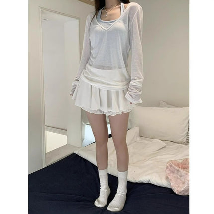 Mint Green Thin Layered V Neck Sun Protection Long-Sleeved T-Shirt for Women Summer Slimming Look Right Shoulder Pure Color Top