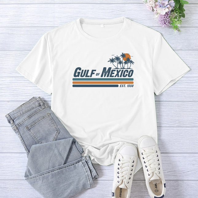 Amazon Supply Guif of Mexico Printed Short-Sleeved Women's Casual Summer Casual Loose Round Neck