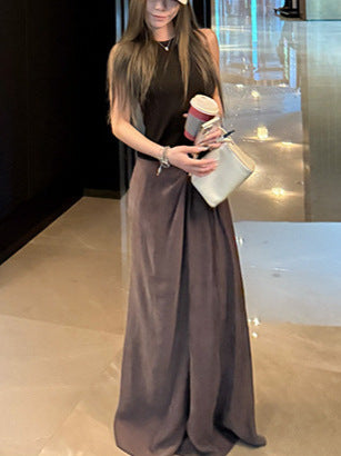 Eae Custom-Dyed Brown Coffee-Colored Cupro Silk Pleated Design, Elegant and Skin-Friendly, with a Draping Effect, Straight Long Skirt