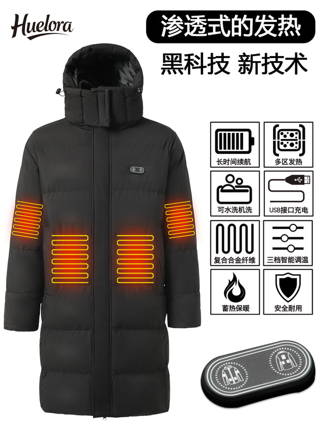 Cross-Border European Size Winter Smart Heating Clothing, Popular Outdoor Hooded Heated Cotton Coat for Men and Women, Over-The-Knee Long Constant Temperature Clothing