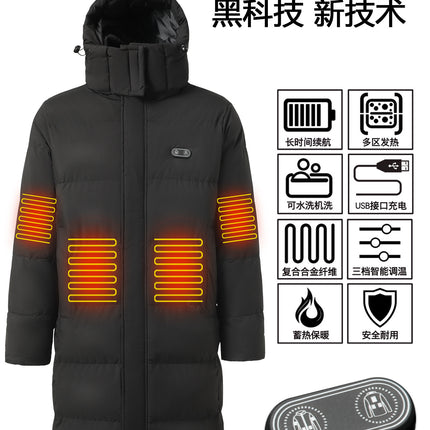Cross-Border European Size Winter Smart Heating Clothing, Popular Outdoor Hooded Heated Cotton Coat for Men and Women, Over-The-Knee Long Constant Temperature Clothing