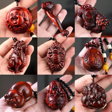 Lobular red sandalwood wood carving handle piece fortune pendant brave play piece text wealth pendant wood text play crafts