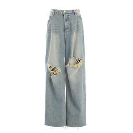Raccoon House # 2025 Summer New Ripped Jeans Women's American Retro High Waist Loose High Street Drape Straight Pants