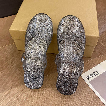 Princess Transparent Slippers Women's Outer Wear Summer New Hollow Flat Baotou Sandals and Slippers Bath Plastic Shoes