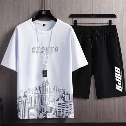 New Quick-drying Ice Silk Gradient suit Men's Short-sleeved T-shirt Summer Casual Shorts Sports Two-piece Handsome Men's Wear