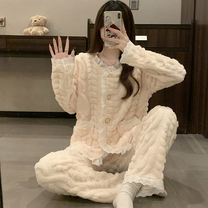 Pajamas for Women Winter New Style Coral Velvet Fleece-Lined Thickeneded Student Warm Lace Princess Style Home Wear Set