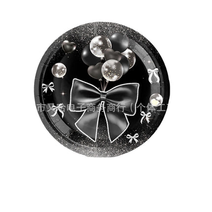 Cross Border Black Bow Party Decoration Tableware Paper Plate Tissue Package Banner Spiral Girl Birthday Party Supplies