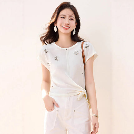 Korean-Style Heavy-Duty Rhinestone Short-Sleeve Knit Top for Women, 2025 Summer Style, Sleeveless Ice Silk T-Shirt, Trendy Tie-Up Crop Top, Thin