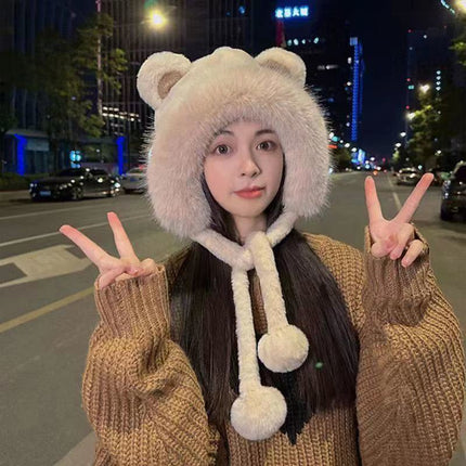 Autumn and Winter Hats for Women, Cute Plush Scarf, Thickened Integrated Neck Warmer, Plush Hat for Cycling, Warm Ear Protection Hat